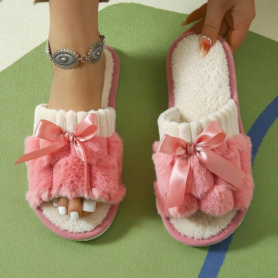 Women's Bunny Fur Bowknot Design Slide Slippers, Comfortable Open Toe Solid Plush Home Shoes For Bedroom Or Floor