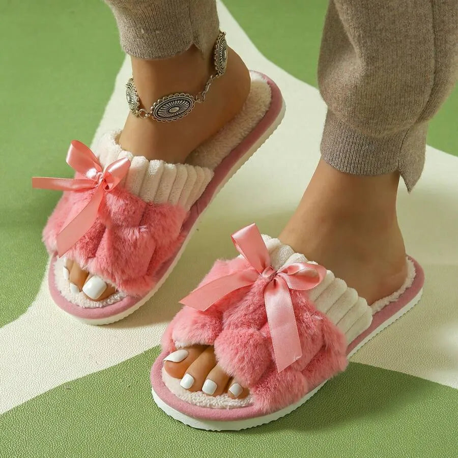 Women's Bunny Fur Bowknot Design Slide Slippers, Comfortable Open Toe Solid Plush Home Shoes For Bedroom Or Floor