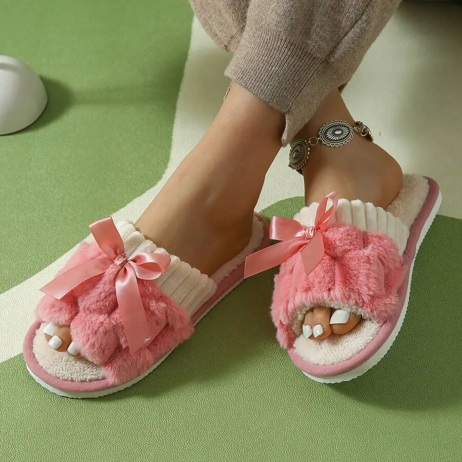 Women's Bunny Fur Bowknot Design Slide Slippers, Comfortable Open Toe Solid Plush Home Shoes For Bedroom Or Floor