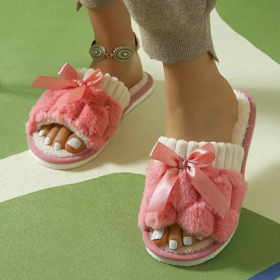 Women's Bunny Fur Bowknot Design Slide Slippers, Comfortable Open Toe Solid Plush Home Shoes For Bedroom Or Floor
