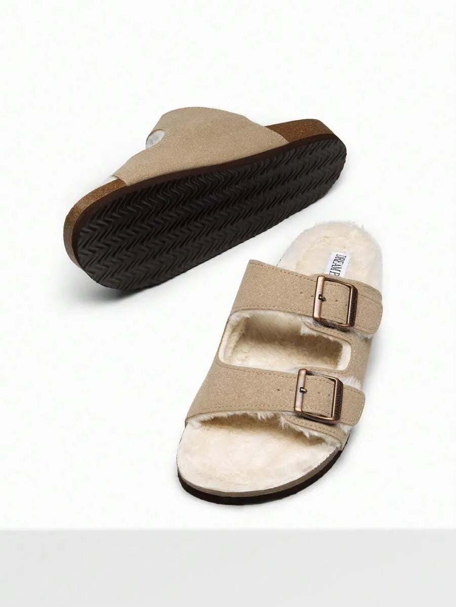 Women Furry Slippers With Metal Buckles Classic Double Straps Autumn Winter Furry Cushioned Comfort Casual Indoor Outdoor Fashion Fuzzy Shoes